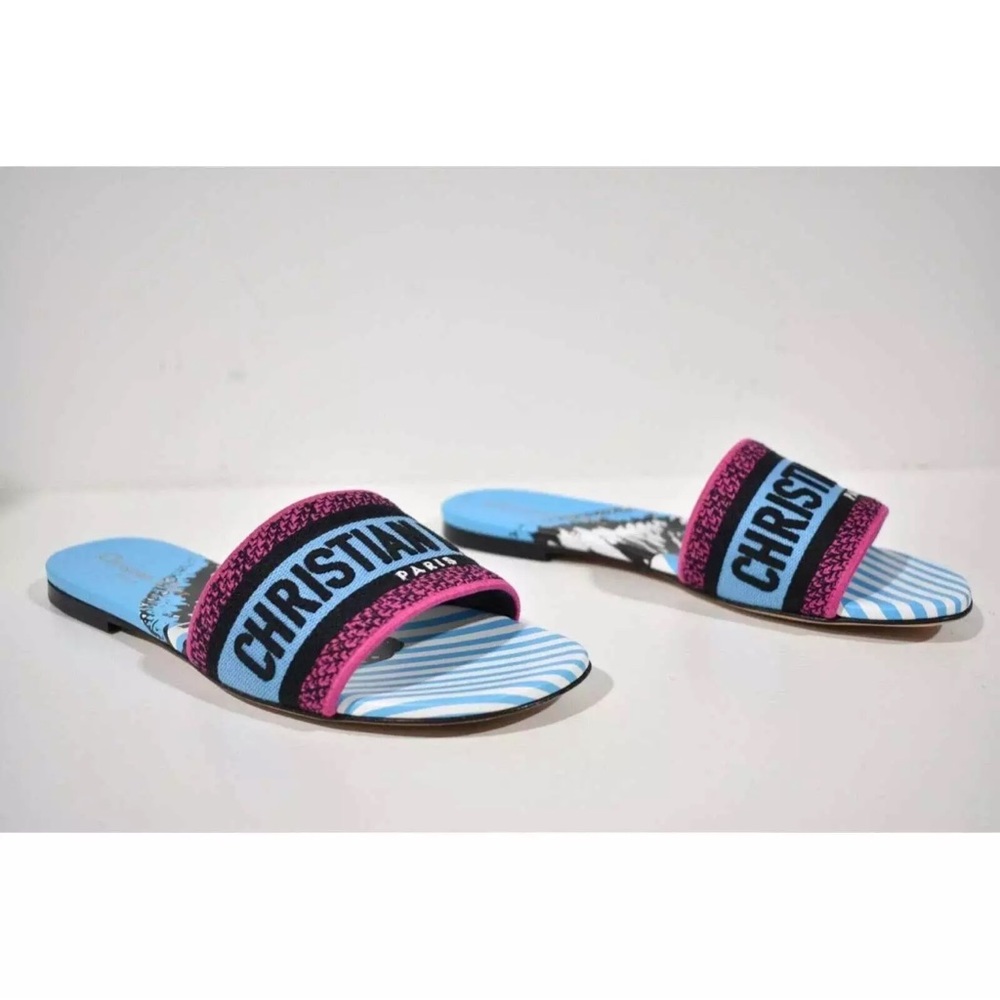 Christian Dior Dway D Jungle Blue Black Embroidered Logo Slide Flat Sandal 42